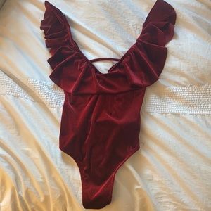 Blue life red velvet ruffle bodysuit